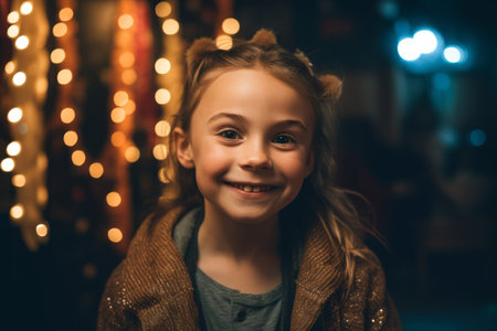 Portrait of a smiling little girl in a brown coat on the background of Christmas lights.の素材