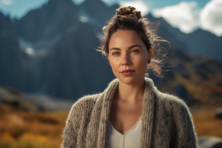 Portrait of a beautiful young woman on a background of mountains.の素材