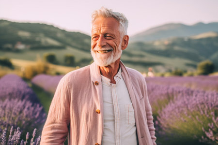Portrait of happy senior man standing in lavender field and smilingの素材