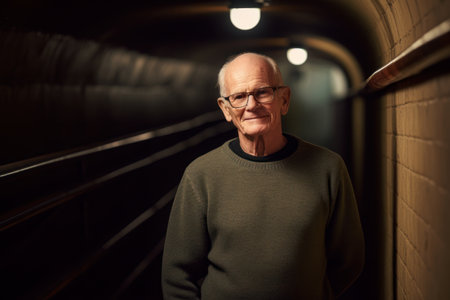Portrait of senior man with eyeglasses standing in underground tunnelの素材