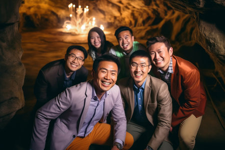 Group of asian business people sitting in a cave and smiling.の素材