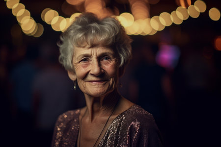 Portrait of an elderly woman in a night club with lights on backgroundの素材