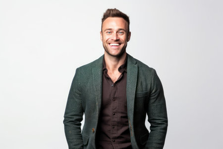 Portrait of a handsome man smiling with hands in pockets on white backgroundの素材