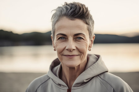 Portrait of happy senior woman in sportswear looking at cameraの素材