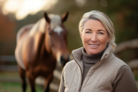 Portrait of a beautiful mature woman with her horse in the parkの素材