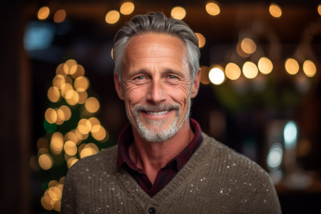 Portrait of a smiling senior man in front of christmas lightsの素材