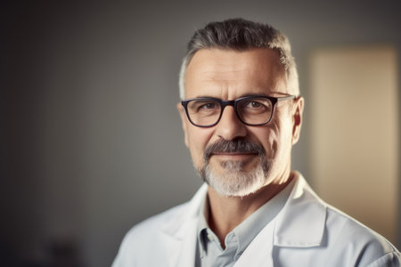Portrait of a senior doctor wearing glasses and a white coat.の素材
