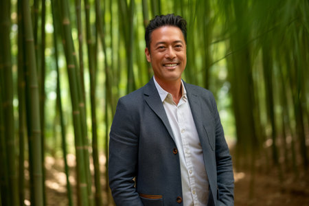 Portrait of a handsome asian businessman in the bamboo forest.の素材