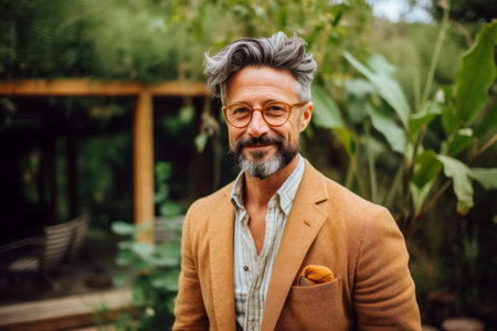 Portrait of a handsome mature man with gray hair and beard wearing a brown coatの素材