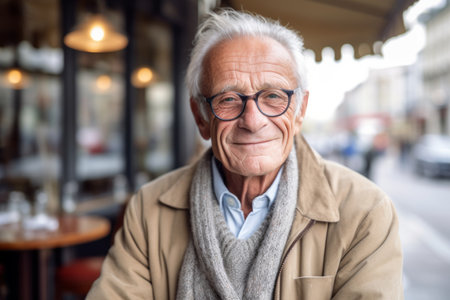 Portrait of senior man with eyeglasses in a street cafeの素材
