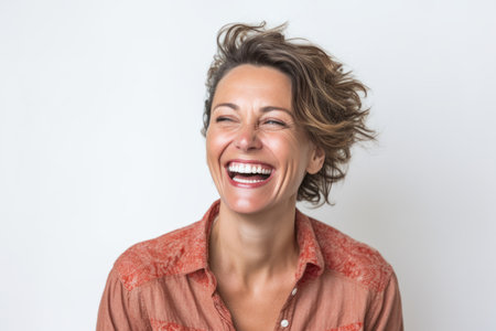 Portrait of happy woman laughing over white background. Copy space.の素材