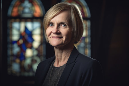 Portrait of a smiling senior woman in a church. Looking at camera.の素材