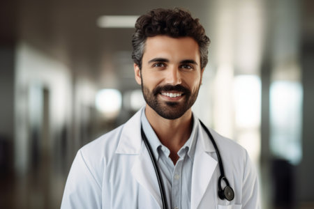 Portrait of smiling male doctor standing in hospital corridor. Doctor looking at camera and smiling. Medicine and healthcare conceptの素材