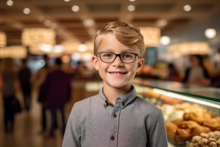 smiling boy in eyeglasses looking at camera at shopping mallの素材