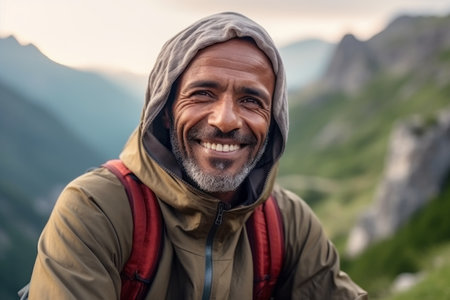 Portrait of a smiling senior man with a backpack in the mountainsの素材