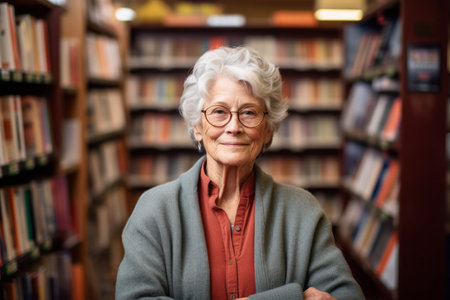 Portrait of smiling senior woman in glasses in library at the universityの素材