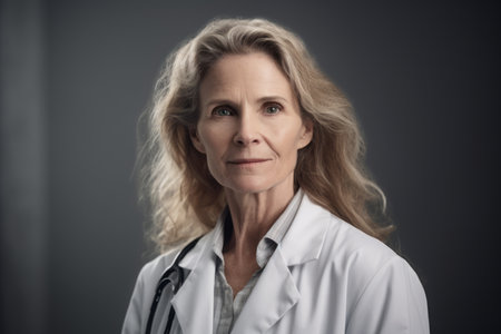 Portrait of mature female doctor with stethoscope looking at cameraの素材