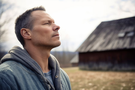 Portrait of a handsome man in front of an old wooden houseの素材