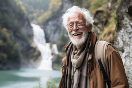 Portrait of a senior man in front of a waterfall in autumnの素材