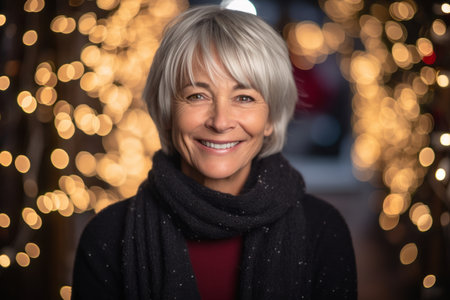 Portrait of a smiling senior woman on a background of Christmas lightsの素材