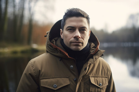 Portrait of a handsome young man in a winter jacket on a background of a lakeの素材