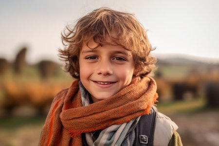 Portrait of a cute little boy with a scarf in the countrysideの素材