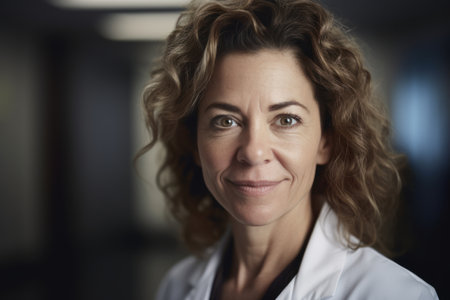 Portrait of a female doctor with curly hair looking at the cameraの素材
