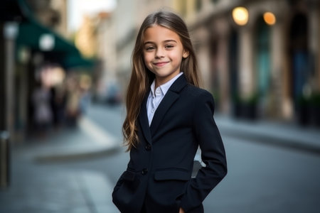 Portrait of a beautiful little girl in a business suit on the streetの素材