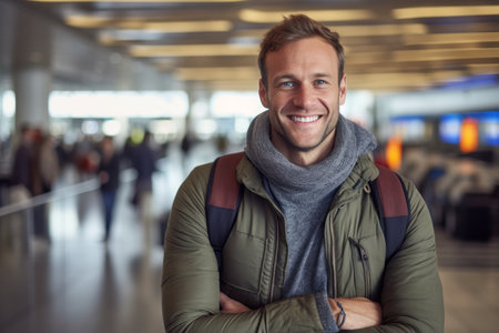 Portrait of happy man standing with arms crossed in airport terminal and looking at cameraの素材