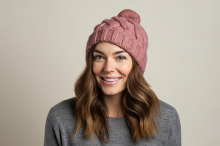 Portrait of a beautiful young woman in winter hat smiling at cameraの素材