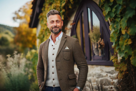 Portrait of a handsome man in an elegant jacket standing in a vineyard.の素材