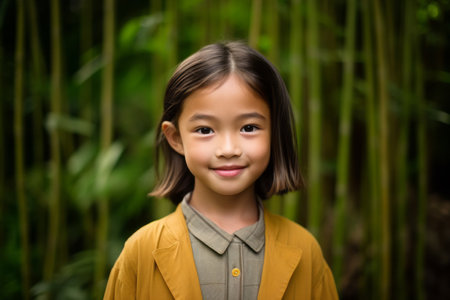 Portrait of asian little girl smiling at camera in the parkの素材