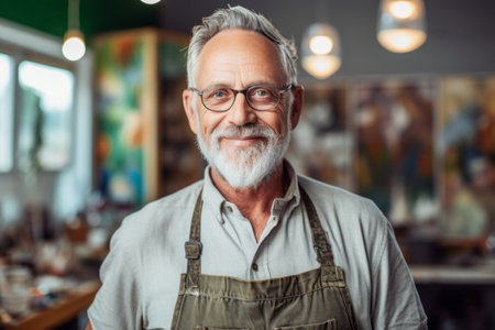 Portrait of smiling senior man in apron standing in art studioの素材