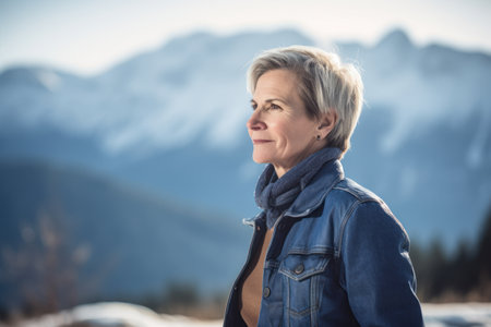 Portrait of a beautiful senior woman on a background of snowy mountainsの素材