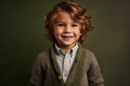 Portrait of a cute little boy with curly hair, dressed in a coat and a green scarf on a green backgroundの素材