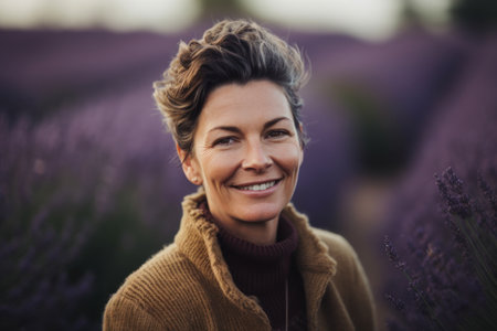 Portrait of smiling middle-aged woman standing in lavender fieldの素材