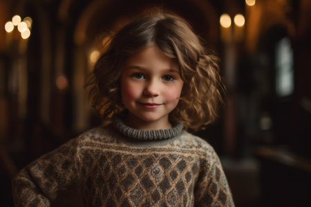 Portrait of a beautiful little girl with curly hair in a knitted sweaterの素材