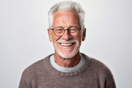 Portrait of a smiling senior man in eyeglasses on white backgroundの素材