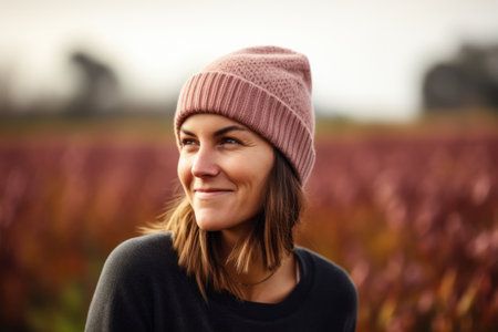Close up portrait of a beautiful young woman in a pink hat and sweater standing in a fieldの素材