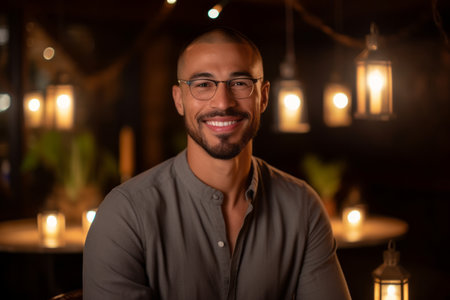 Portrait of a young handsome man with glasses smiling at the camera.の素材