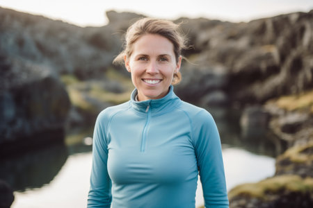 Portrait of smiling sportswoman standing in front of rocks at beachの素材