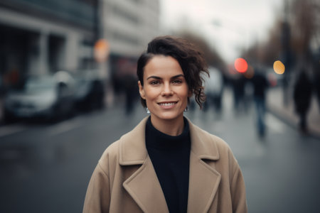 Portrait of a beautiful young woman with curly hair in a beige coat on the street.の素材