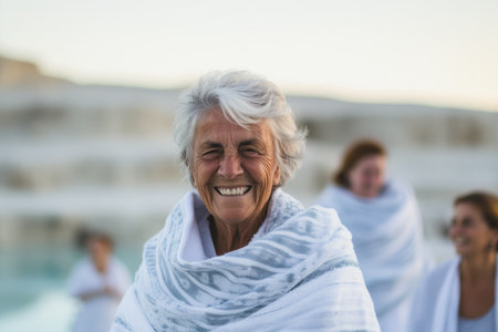 Portrait of senior woman wrapped in blanket and looking at camera with friends on backgroundの素材