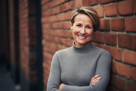 Portrait of smiling businesswoman standing with arms crossed against brick wallの素材