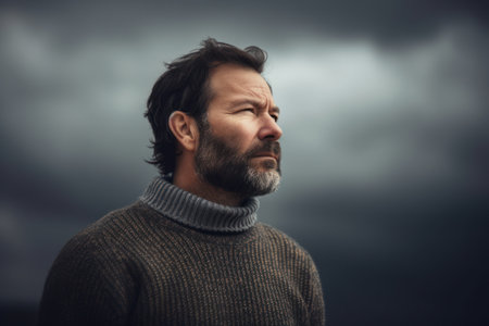 Portrait of a bearded man in a sweater against a dark skyの素材