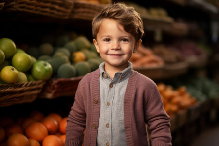Portrait of a smiling little boy standing in a fruit store and looking at cameraの素材