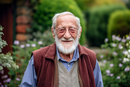 Portrait of a senior man with gray hair in the garden.の素材