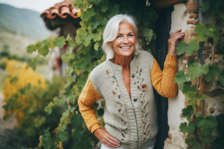 Portrait of a happy senior woman standing in the vineyard and smilingの素材