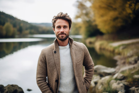 Handsome young man with beard and mustache standing on the bank of a lakeの素材