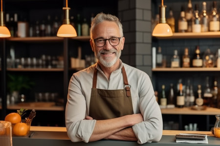 Portrait of smiling senior bartender in apron standing with crossed arms at bar counterの素材
